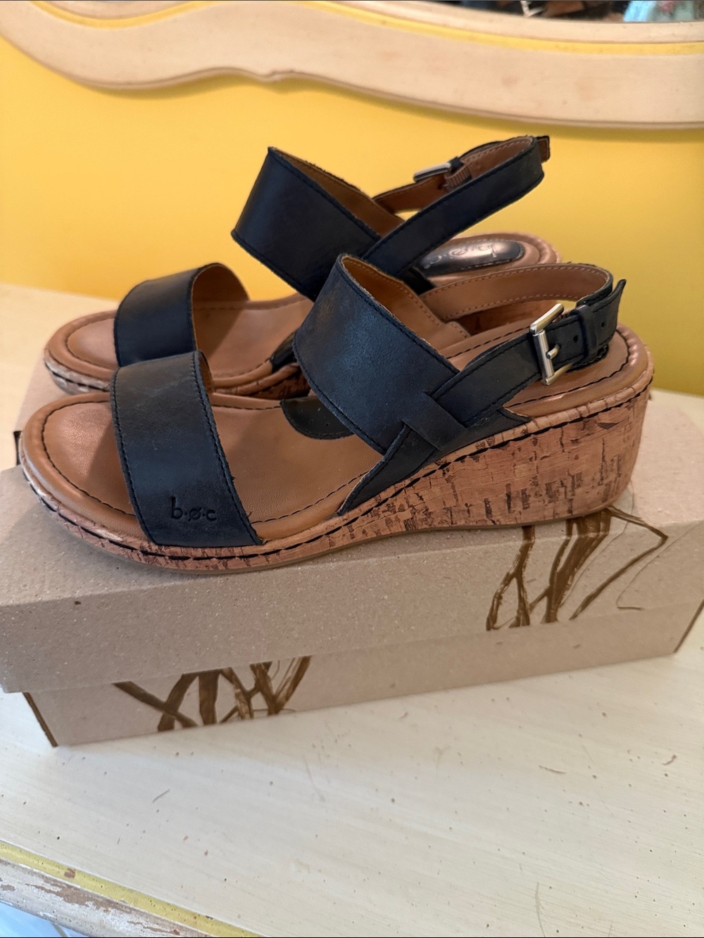 b.o.c. Black Leather Cork Wedge Sandals